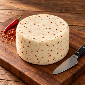 Niewędzony ser podpuszczkowy z chilli 1,5 kg na ciemnej drewnianej desce z papryczką, płatkami chilli i nożem.